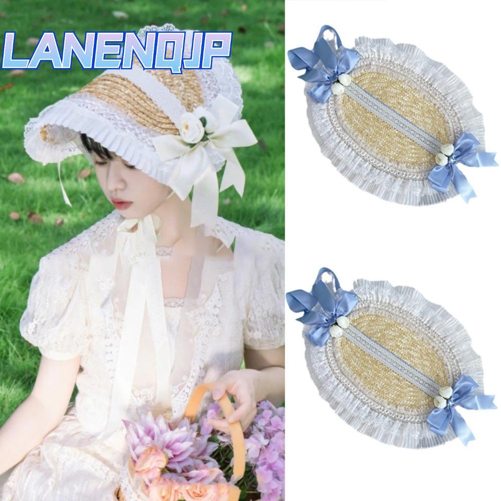 LANENQJP - Mũ Rơm Gothic Phong Cách Nông Thôn Pháp, Ren Xoè, Mũ Chống Nắng Đi Biển Cho Nữ