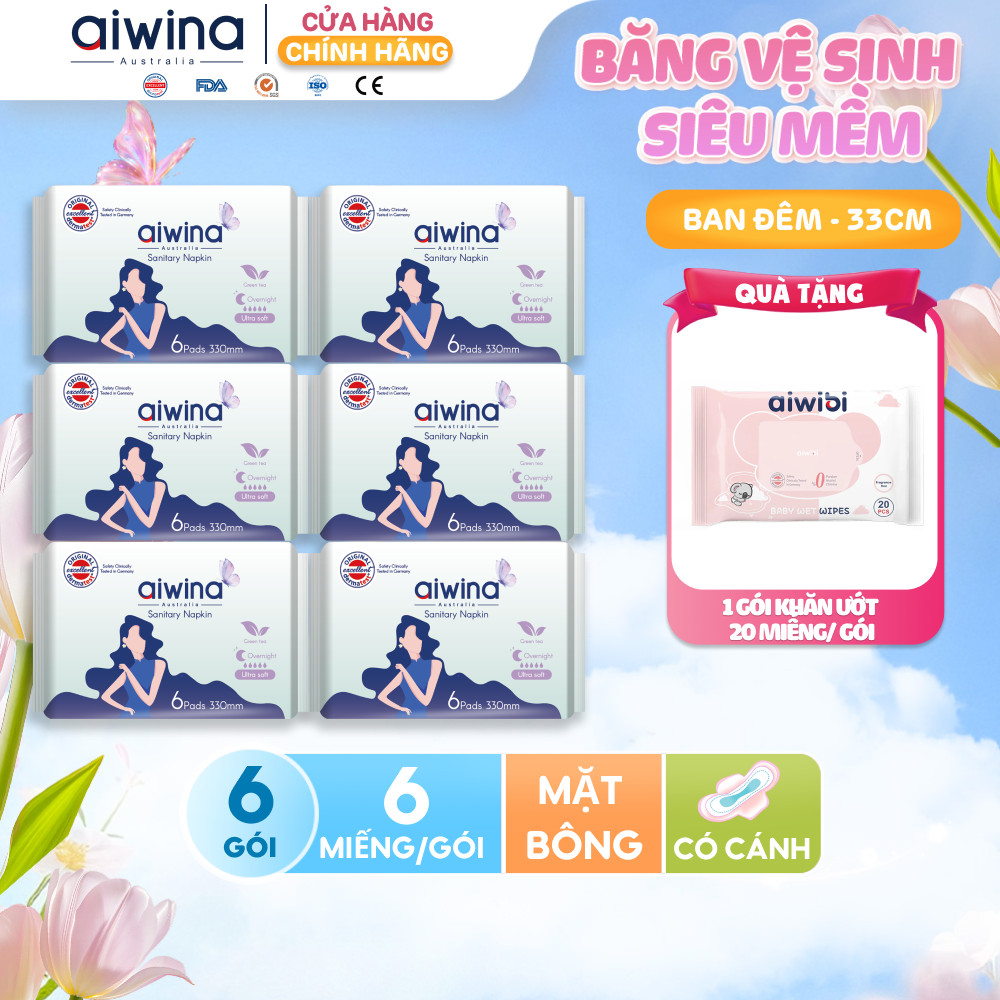 Combo 6 Băng vệ sinh Aiwina siêu mềm ban đêm 33cm gói 6 miếng