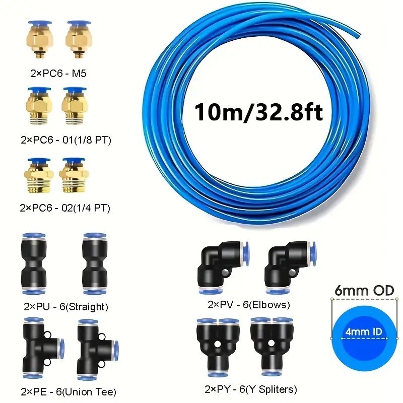 1 Bộ công cụ ống khí nén 6mm-10m (32,8 Feet) Polyurethane Trachea Hỗ trợ đầu nối nhanh