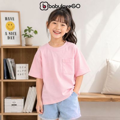 Áo thun bé gái BabyloveGO áo thun tay lỡ có túi ngực basic chất liệu cotton sợi thoáng mát cho bé từ 10-45kg AT002