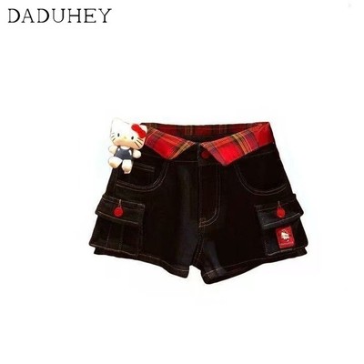 DaDuHey Cat Embroidery Stitching Shorts Women's Black and Red Plaid High Waist Slim Denim Shorts