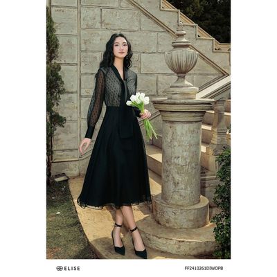 Đầm chiffon đen HT cổ lụa thiết kế Elise FF2410261DIWOPB