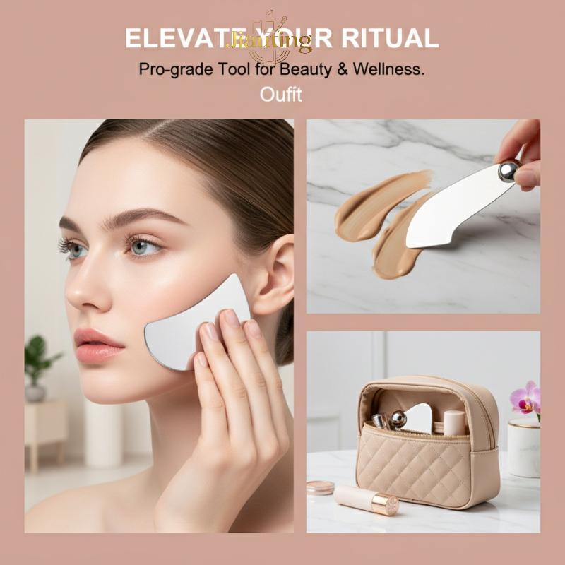 Jiating Thép không gỉ Guasha Cạp Với Túi Da Pu Thìa Kim Loại Máy Mát Xa Mặt Làm Đẹp Da Mặt Dụng Cụ C