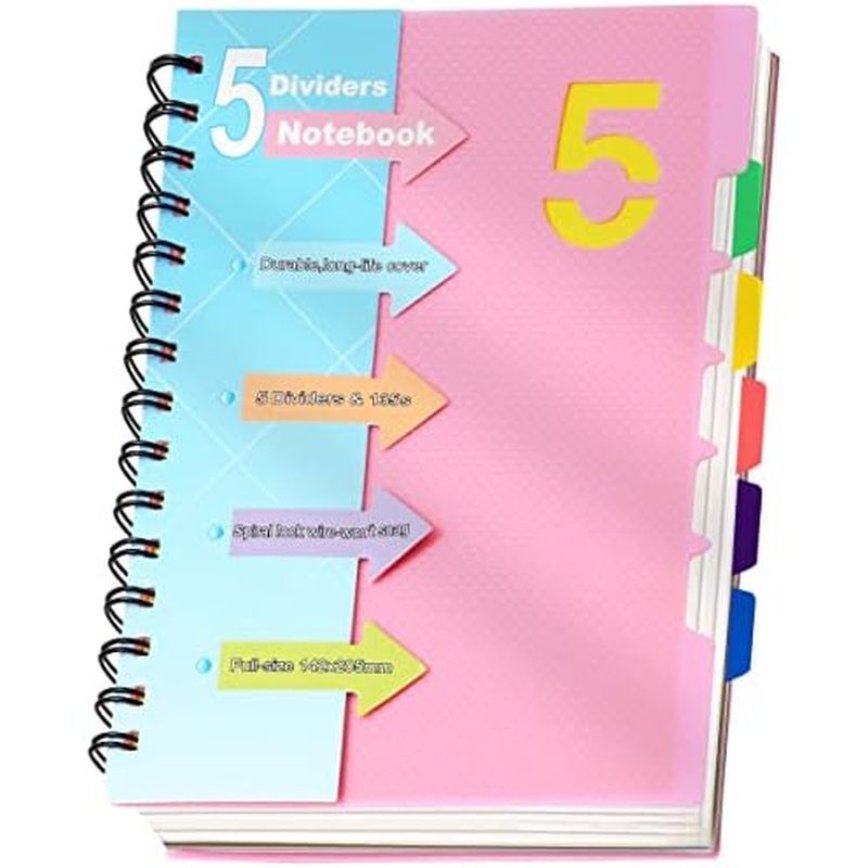 CAGIE 5 Subject Notebook College Ruled, Small Spiral Notebook 5x7 with Divider Tabs, A5 Spiral Noteb