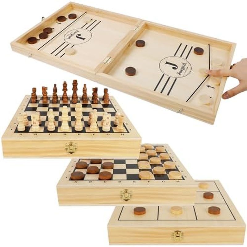 Juegoal 4-in-1 Wooden Fast Sling Puck Set for Kids and Adults, Chess, Checkers, Tic Tac Toe Games, T