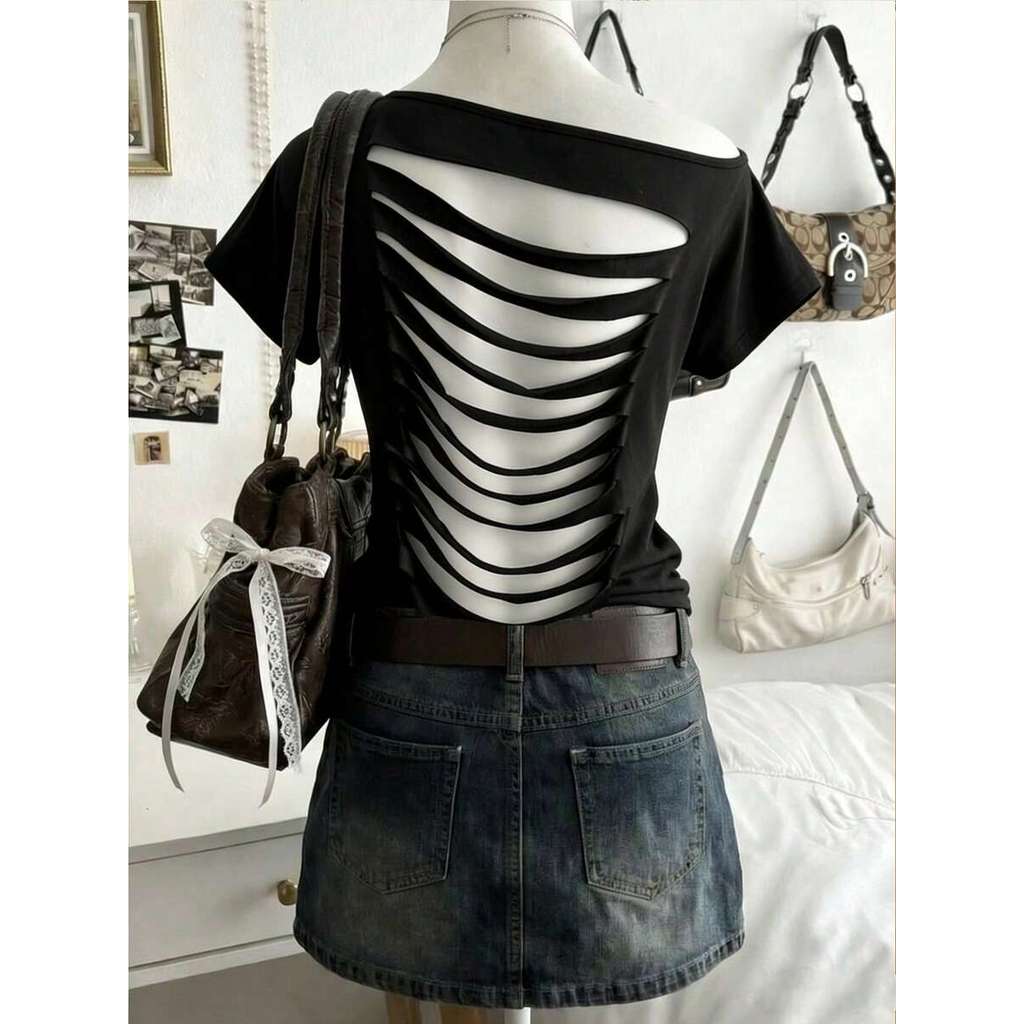 Women's Black Skeleton Cut Out Backless T-Shirt - Short Sleeve Off Shoulder Gothic Grunge Top