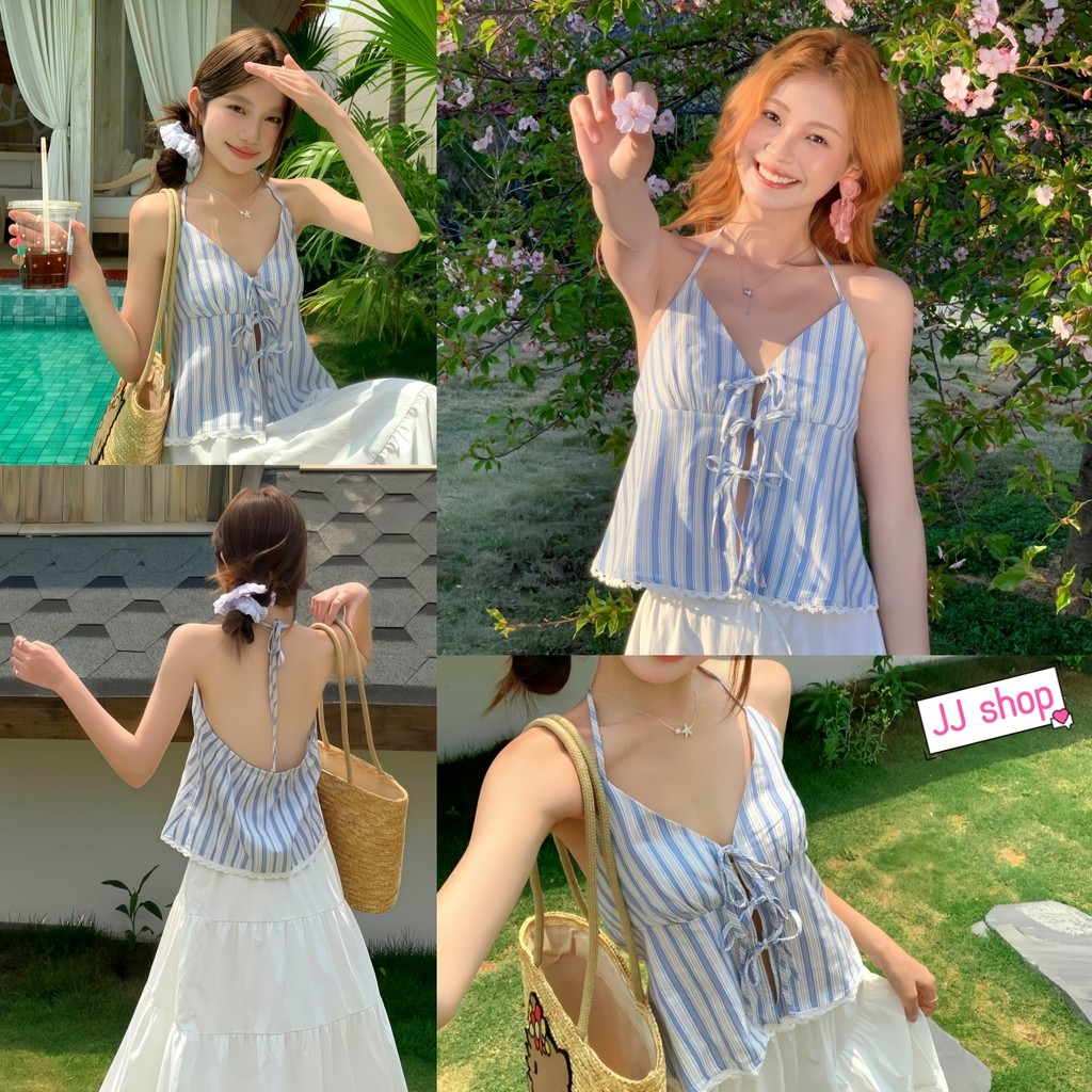 Cửa hàng JJ​ Áo Sơ Mi Nữ Sọc Không Tay Có Dây Buộc Cổ Xanh-Trắng Mẫu Ngắn Ren Đáy Viền Rời Chữ A-Lin