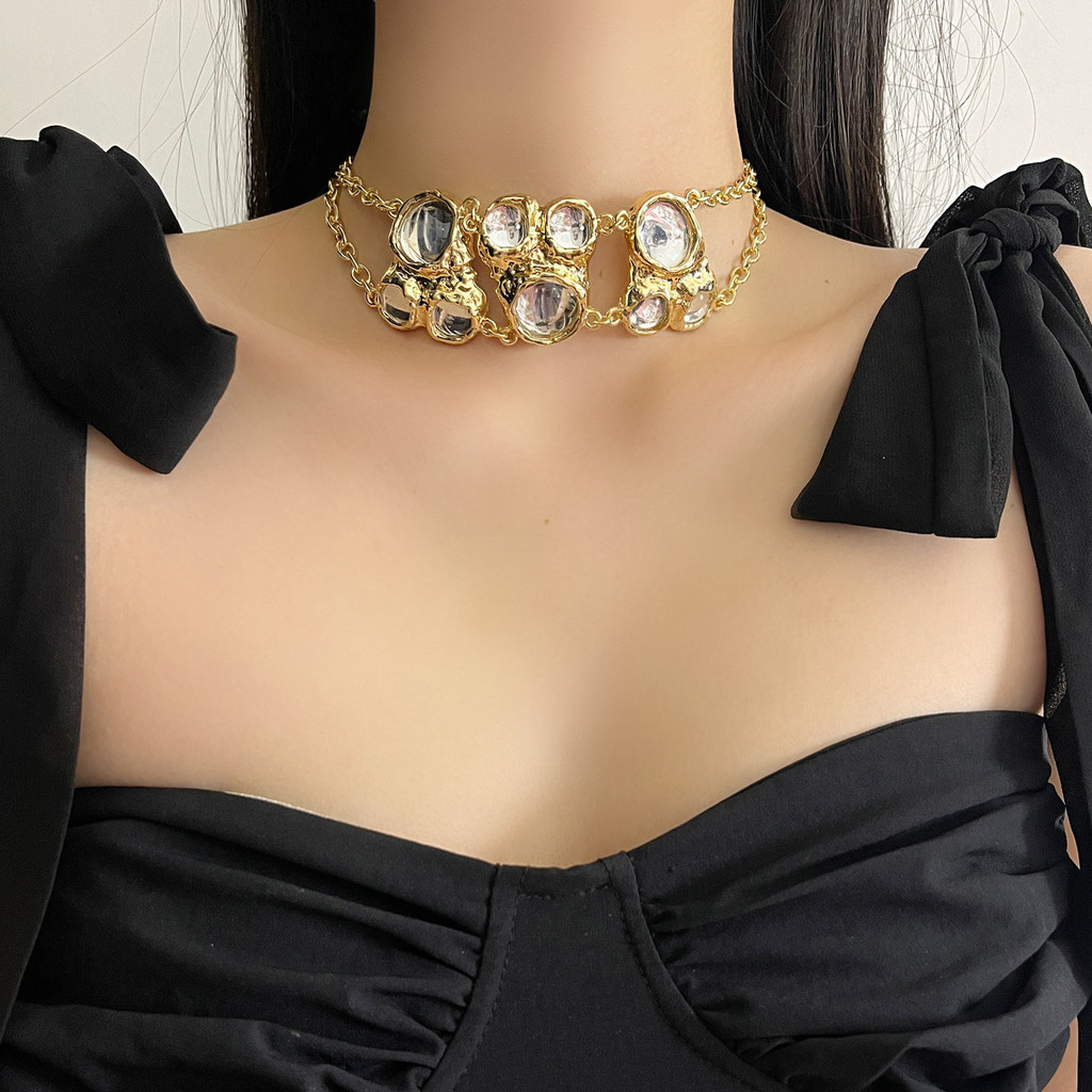 Vintage Bubble Cabochon Gemstone Pendant Necklace gold Short Necklace for Women