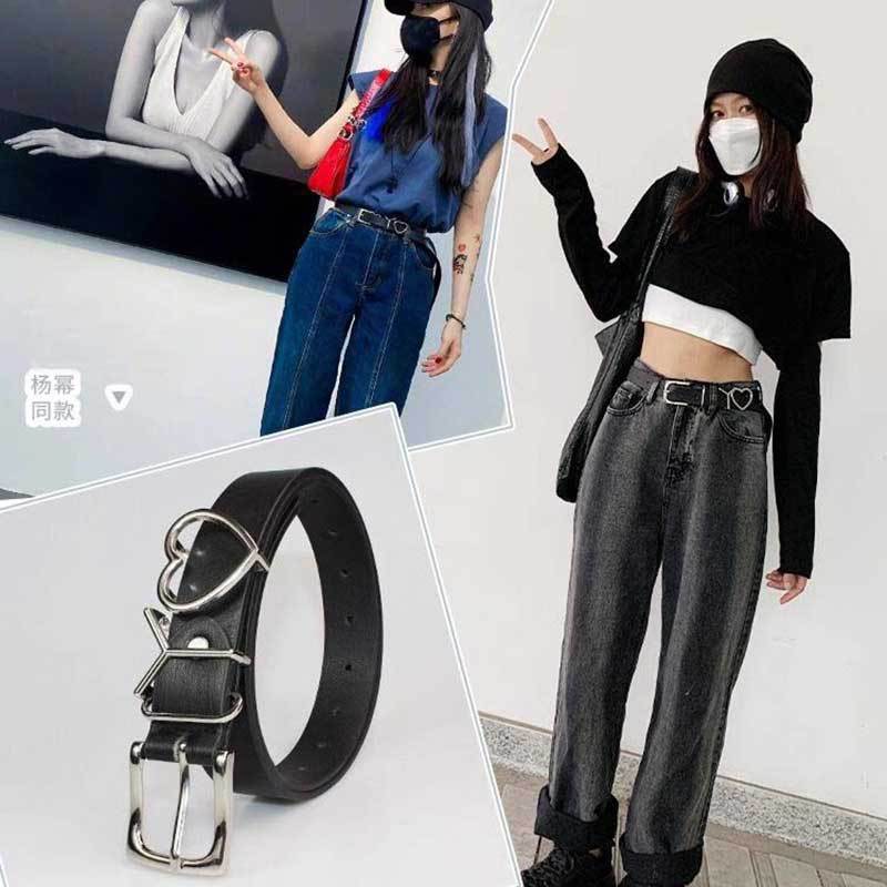 Hot girl red heart-shaped leather belt for women ins Vintage style with jeans belt