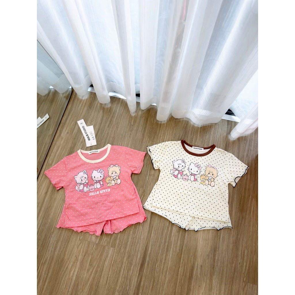 BT950- Combo 2 bộ cotton cộc tay mèo Kitty màu hồng bi cho bé