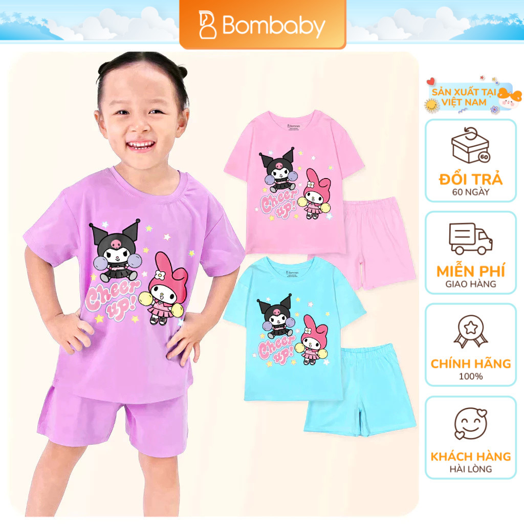 Đồ bộ bé gái Kuromi & Melody Bomines, đồ bộ short hè My Melody thun cotton thoáng mát cho bé 4-12 tu