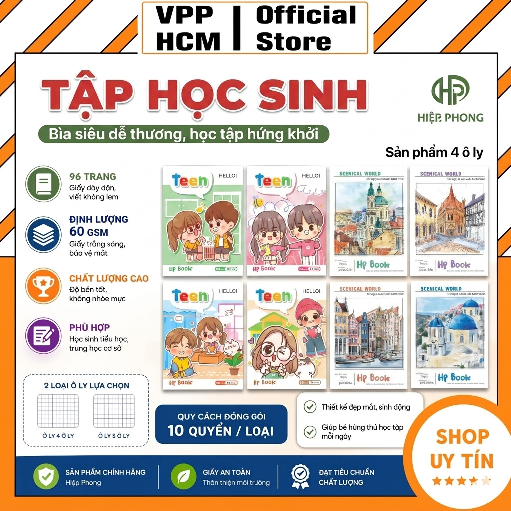 COMBO 10 QUYỂN VỞ HỌC SINH 96 TRANG A5 – 4 Ô LY CHUẨN