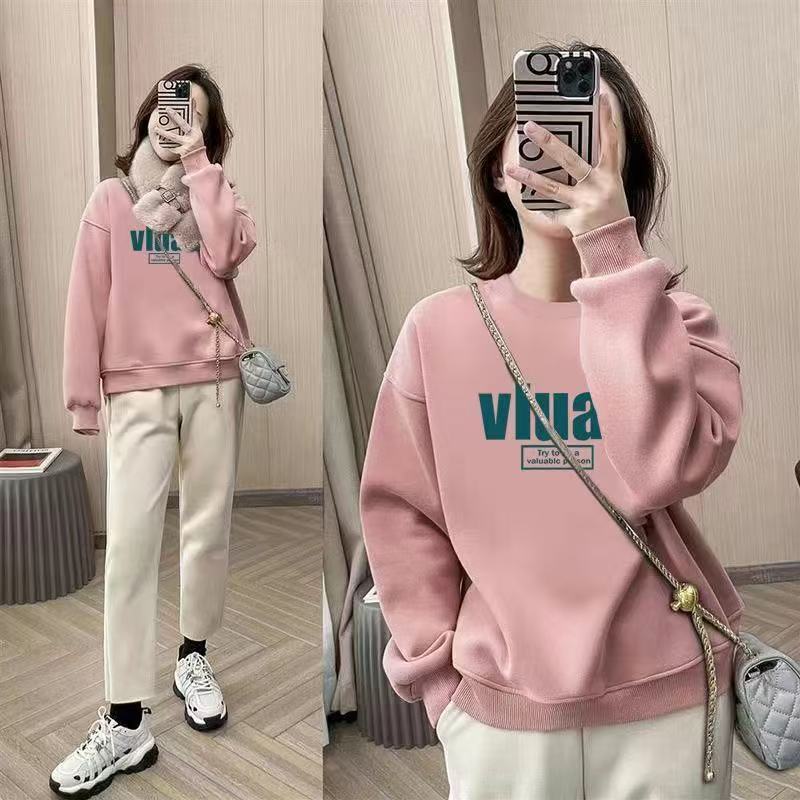 Áo Sơ Mi Nữ Lông Cừu Lót Dày Xuân Thu Đông Mỏng oversize Rời Ôm Hơn Cổ Tròn Top Hợp Thời Trang 98S