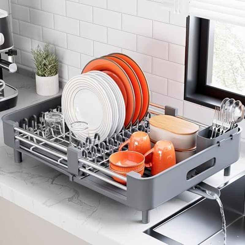 Urackify Stainless Steel Dish Drying Rack - Dish Drainer for Kitchen Counter, Extendable Drainboard 