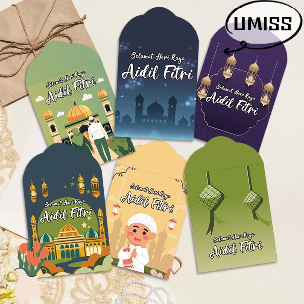 UMISS 6 Cái Phong Bì Tiền Mặt Eid Mubarak, Thẻ Tiền Giấy Nhiều Màu Sắc, 2026 Dày Eid Al-fitr Tiếp Li