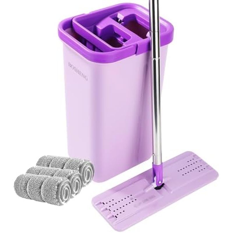 Mop and Bucket with Wringer Set, Hands Free Flat Floor Mop and Bucket, 3 Washable Microfiber Pads In