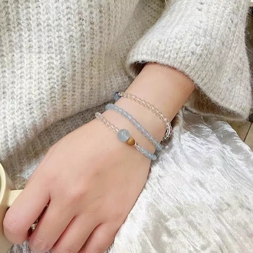 Thiết kế vòng tay Aquamarine Kyanite tự nhiên Ba vòng tròn Vòng tay hương thảo Nữ / Aquamarine Kyani