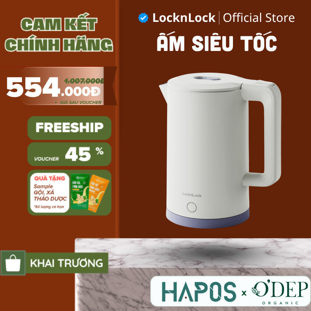 Ấm đun siêu tốc LocknLock EJK728IVY 1.7L 1850-2200W, Hàng chính hãng, Nút kéo mở nắp - HAPOS LOF