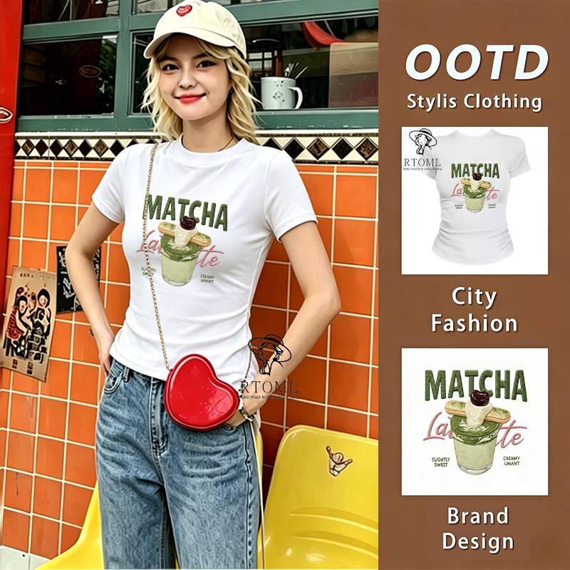 COD✅RTOML Áo thun nữ Cotton Mềm Mịn Form ôm Dáng Chất Trà Xanh Latte Trắng /Matcha Latte Print White