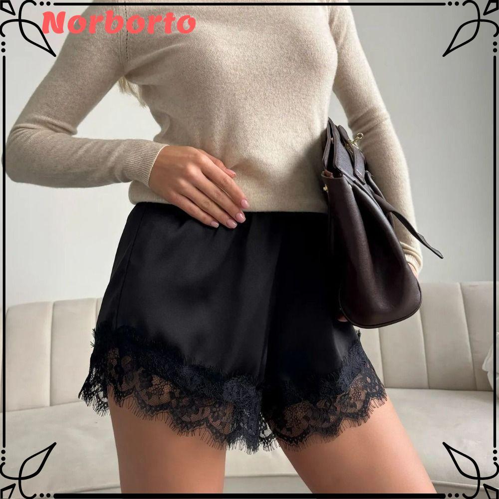 Quần short Satin ren NORBORTO, Quần short Mini thiết kế chắp vá thắt lưng đàn hồi, Quần short Mini ố