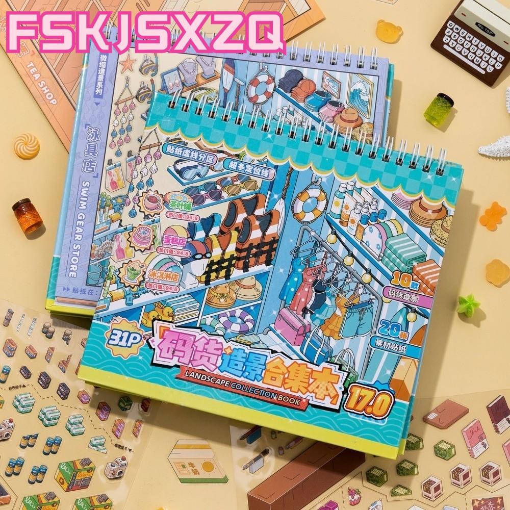 FSKJSXZQ Sticker Book, Shop Scene Bakery Post Office Scenery Sticker, 10 Cảnh PET Sách Đồ Bơi Xếp Ch