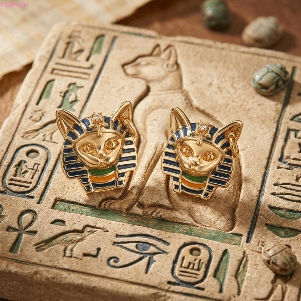 Bông tai hình mèo FSISH phong cách Ancient Egypt, trang sức bạc với lớp men sáng tạo, phù hợp cho tí
