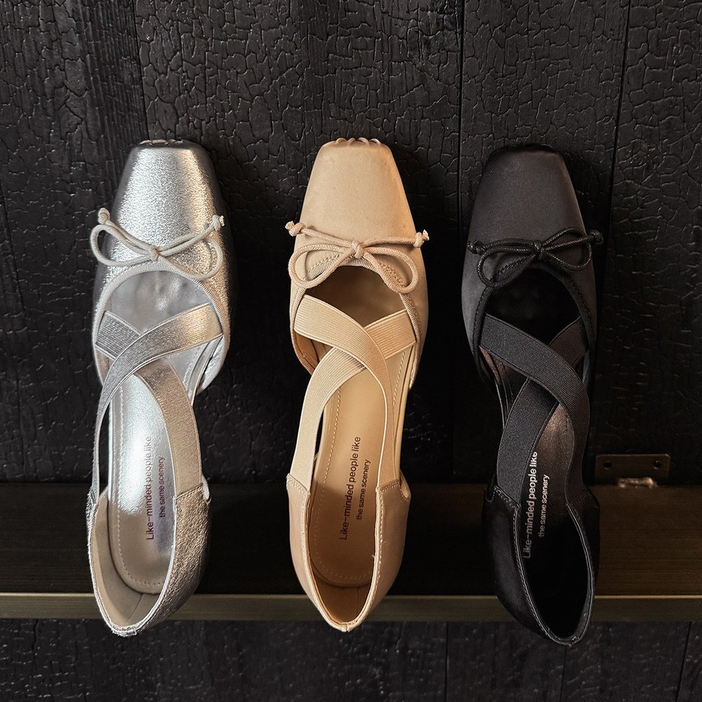 Sheepskin Version~Square-toed soft girl style Mary Jane ballet shoes with cross straps and chunky he
