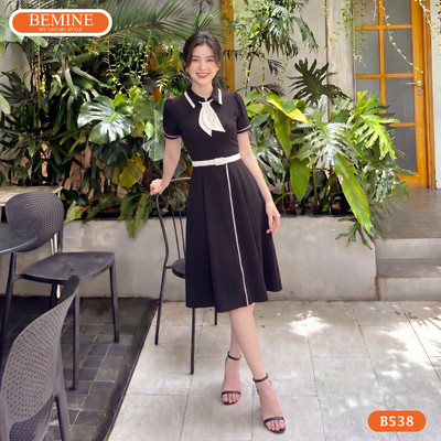 Đầm thiết kế BEMINE cổ đức phối nơ cổ dáng chữ A phù hợp đi làm-B538