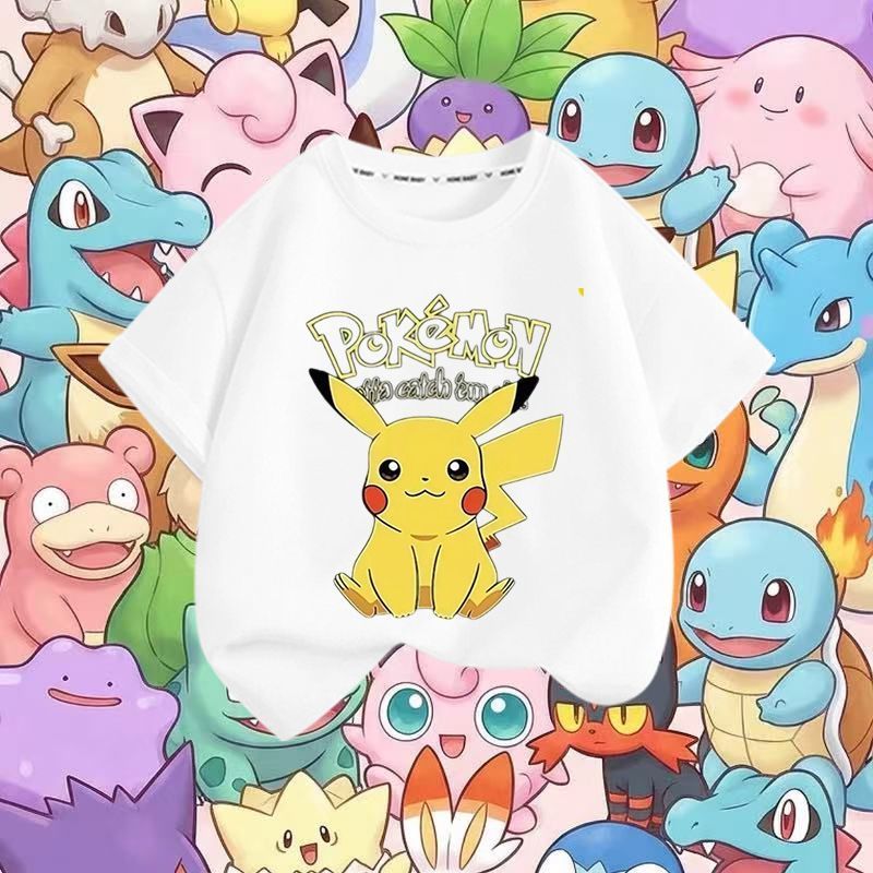 2026 Pokemon Pokemon Pokemon Cotton Nguyên Chất Tay Ngắn Pokemon Pikachu Bé Trai Bé Gái Áo Thun Rời