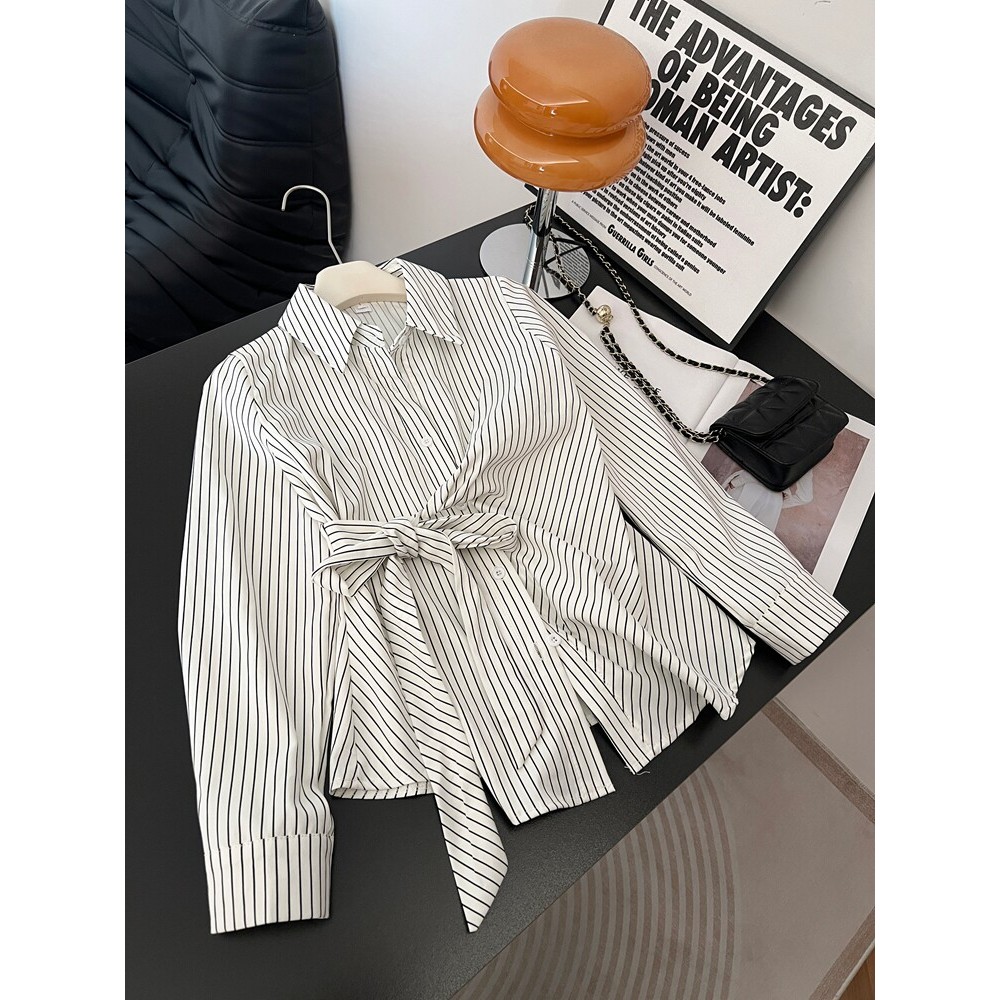 áo sơ mi đi biển áo bayby doll Trang phục nữ cỡ lớn áo sơ mi thắt eo sọc kẻ kiểu Pháp áo dài tay tho