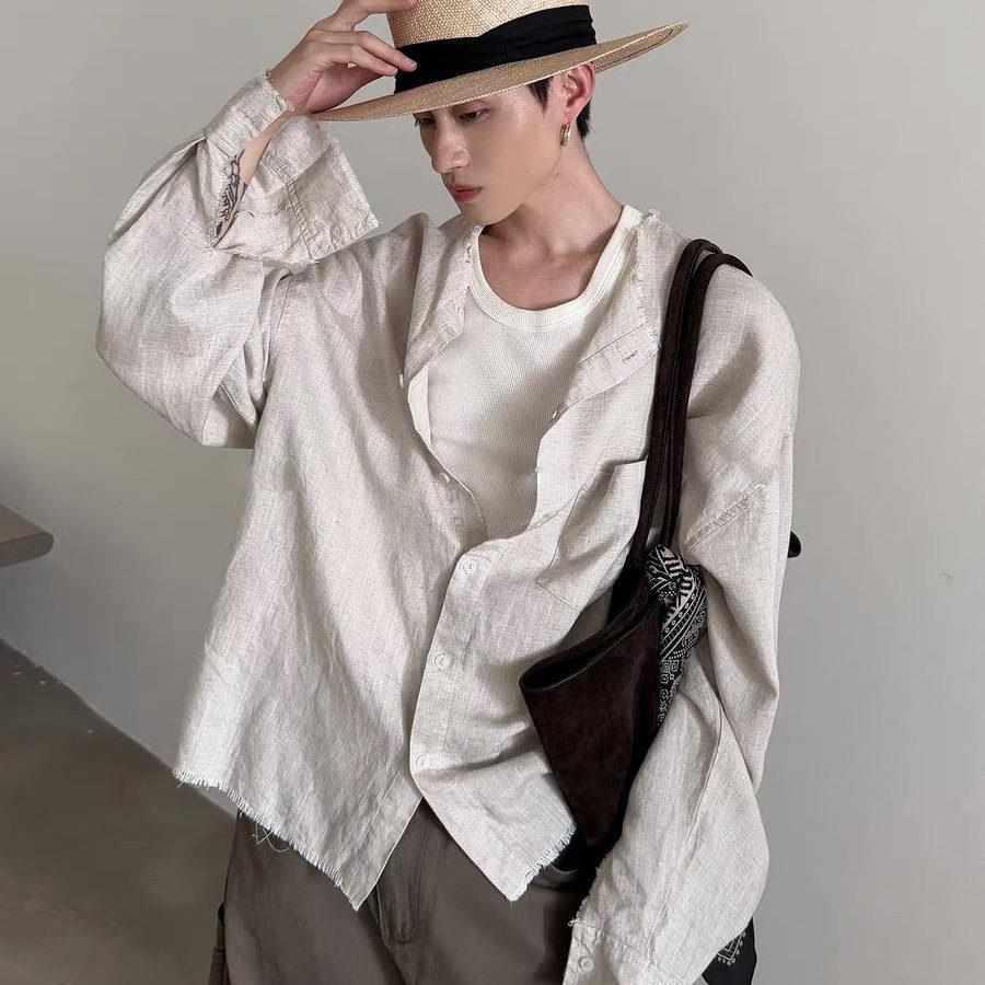 Retro Tiền Cũ vintage Vải Lanh Rửa Raw Edge Dài Tay Áo Sơ Mi Nam Nữ Rời Lười Hồ Sơ Cardigan Hợp Thời