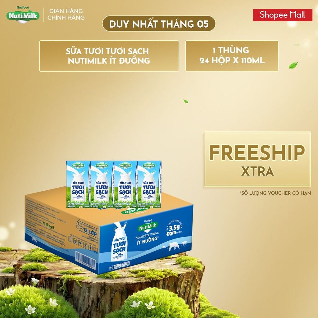 Thùng 24 Hộp Sữa Tươi Tươi Sạch NutiMilk Ít Đường Hộp 110ml