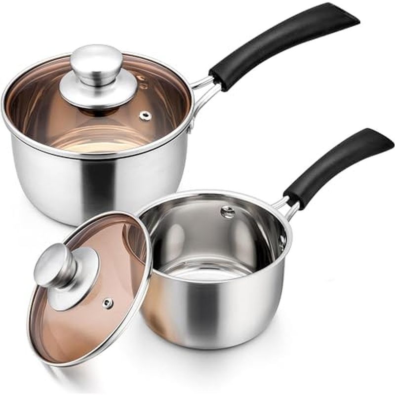 E-far 1 Quart and 2 Quart Stainless Steel Saucepan Set, Small Sauce Pot with Glass Lid for Cooking, 