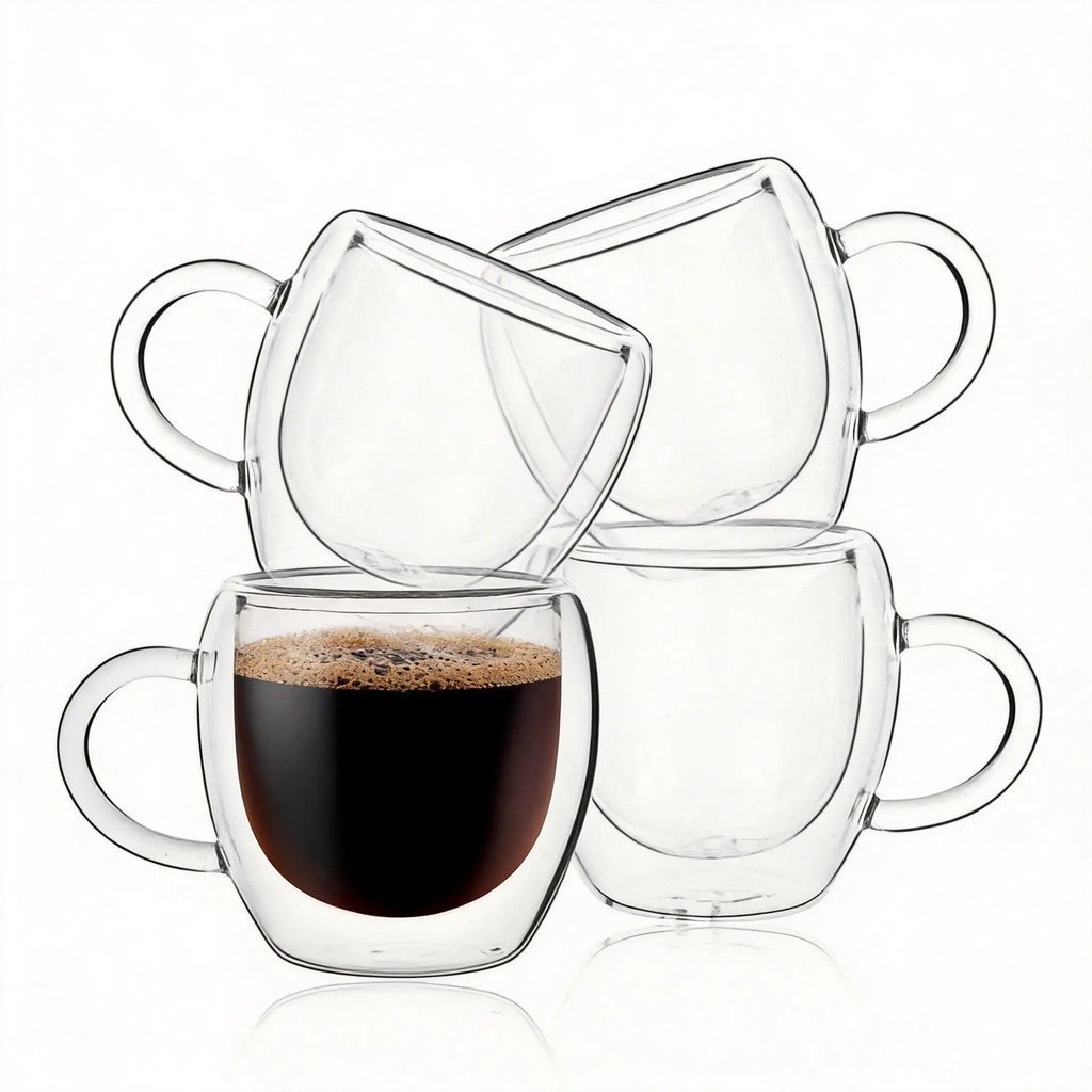 Bộ 4 cốc cà phê Espresso có tường đôi 2,5oz có tay cầm, Kính cốc bắn Expresso trong suốt, Tazas de C