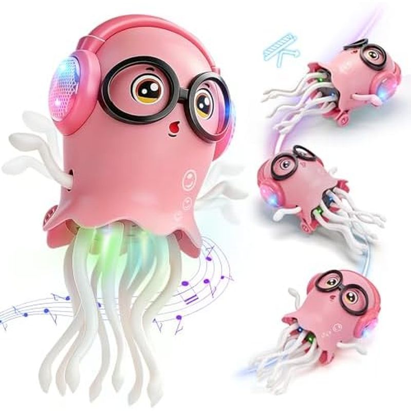 GONINO DJ Dancing Jellyfish Baby Toys, Musical Crawling Tummy Time Toys with LED Light & Smart Obsta