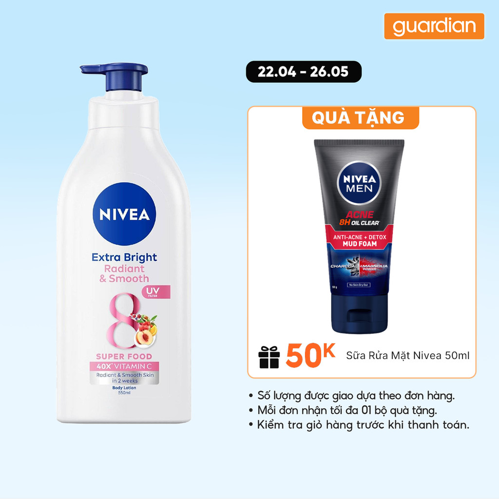 Sữa Dưỡng Thể Nivea Hỗ Trợ Dưỡng Trắng Mịn Extra White Radiant & Smooth 550ml