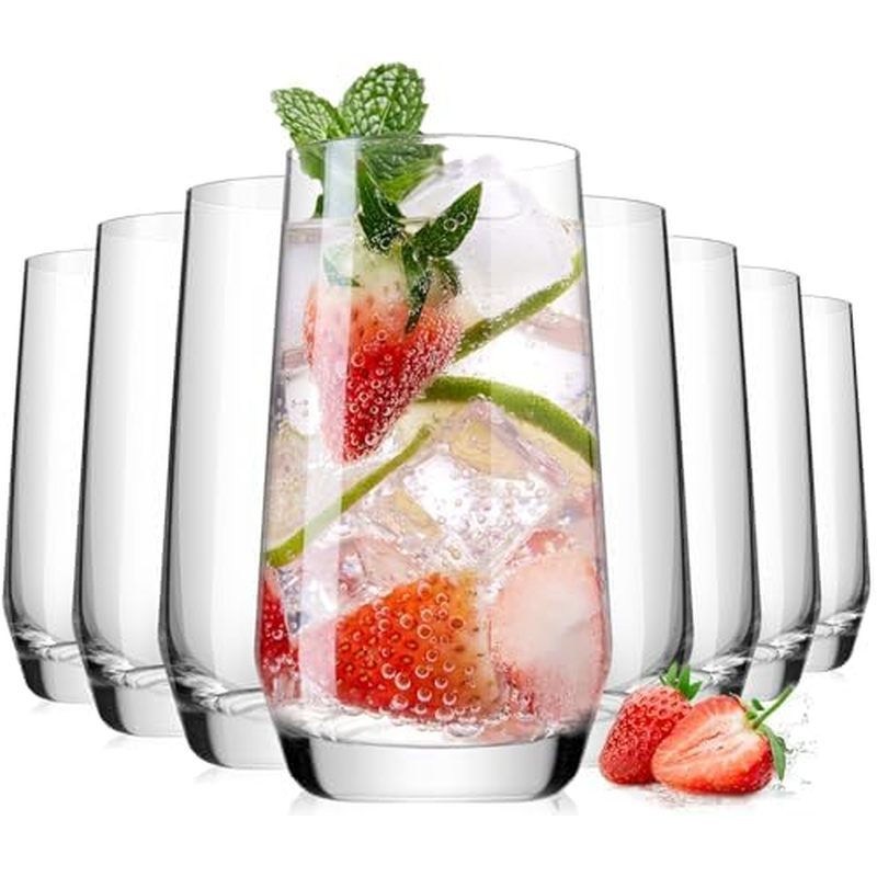 16.2oz Drinking Glasses Set of 8, Tall Water Highball Glasses, Unique Design Lead-Free Crystal Glass