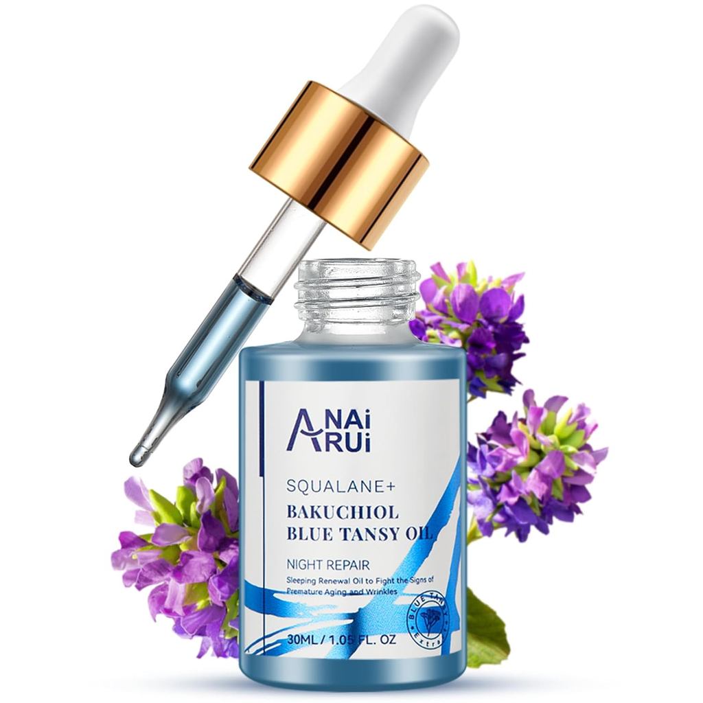 ANAI RUI Bakuchiol Blue Tansy Night-Repair Facial Oil Natural Retinol Alternative + Squalane Jojoba,