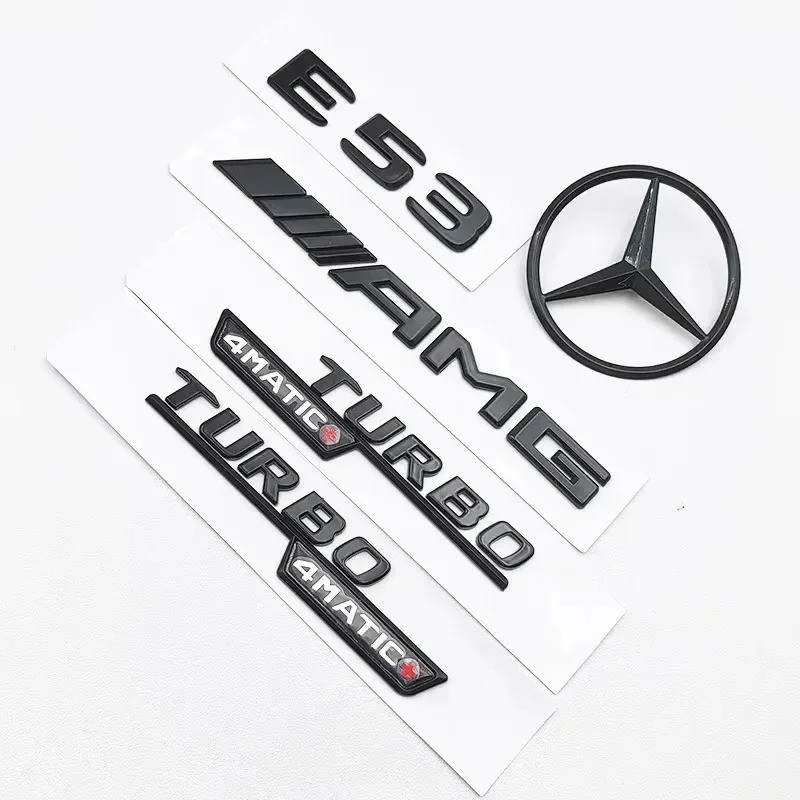Nhãn dán phía sau ô tô hình ngôi sao 3D, ABS màu đen, có logo E53, chữ TURBO, biểu tượng AMG cho Mer
