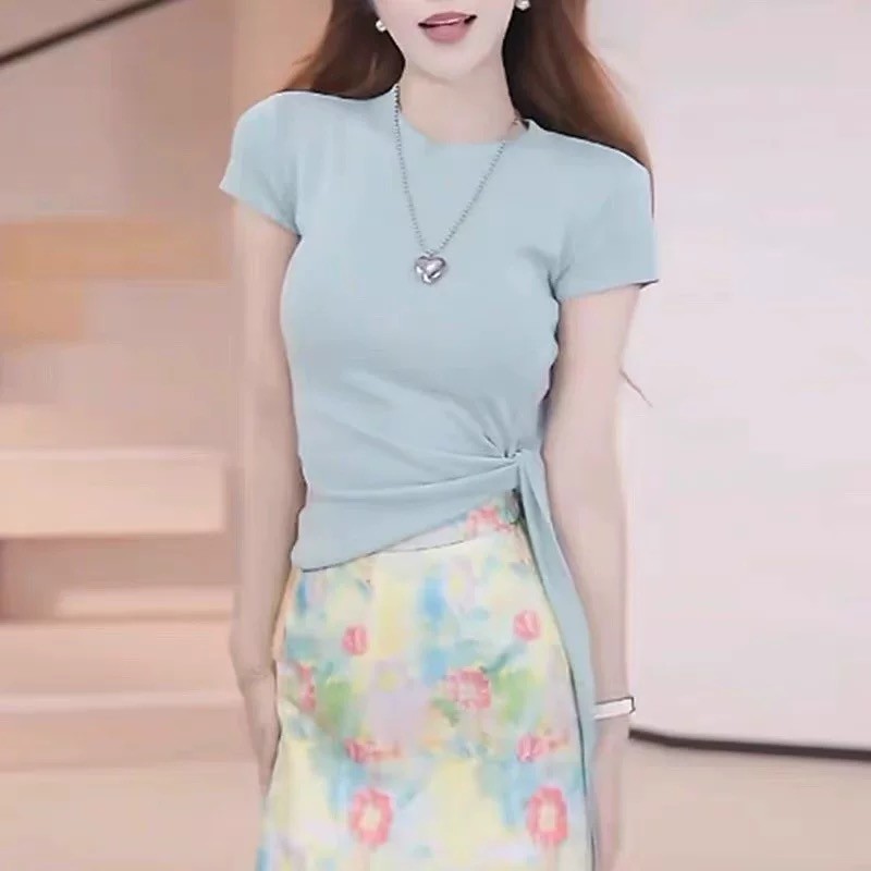 Mùa Hè 2026 Phong Cách Mới Phiên Bản Hàn Quốc Thời Trang Phù Hợp Với Cổ Tròn Ngắn Tay Áo Thun Nữ Sli