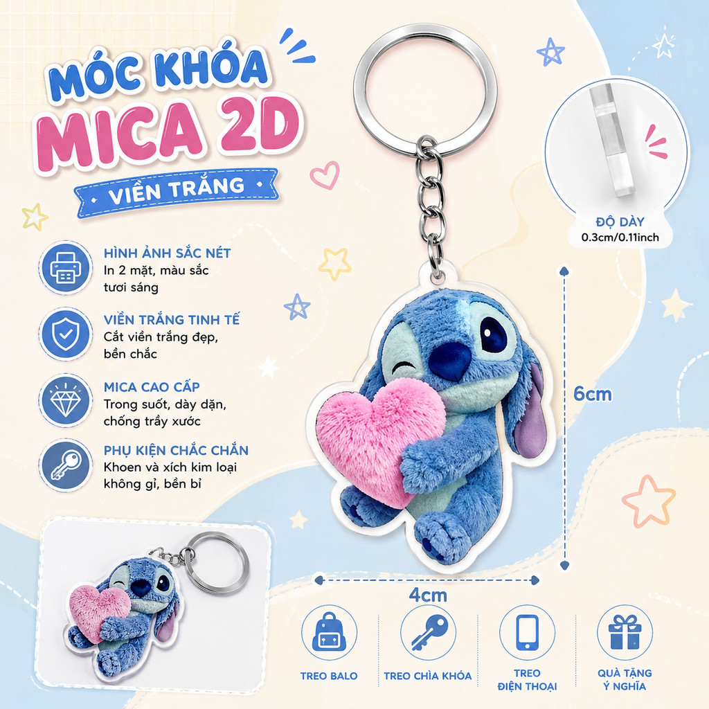 2D Flat Disney Stitch Keychain Anime Acrylic Lilo & Stitch Doll Backpack Hanger Keyring Boys Girls K