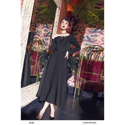 Đầm đen xòe vạt cổ đính hoa thiết kế Elise FF2308148DIWOBK