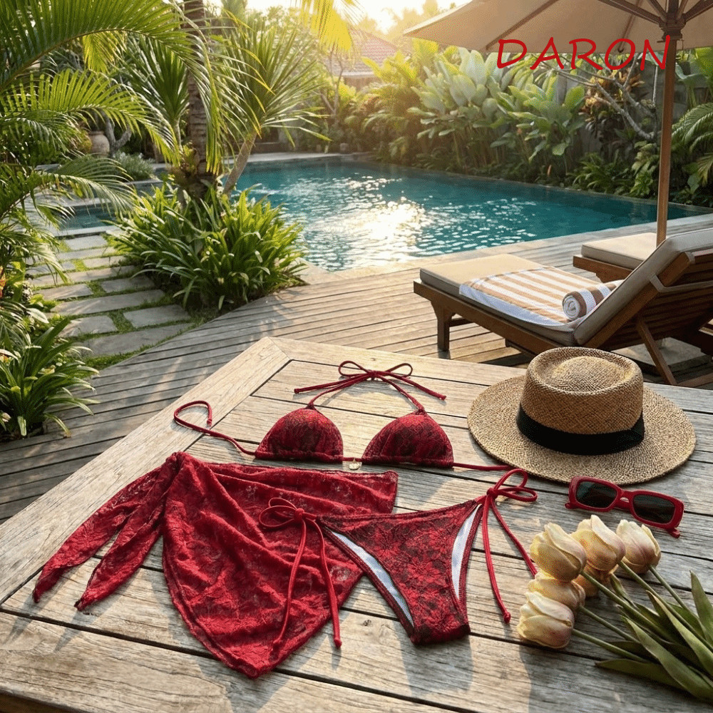 Bộ Bikini DARON Brazil, Đồ bơi ba mảnh lưới dây, Váy che thường ngày Nylon Ren đỏ Bikini tắm