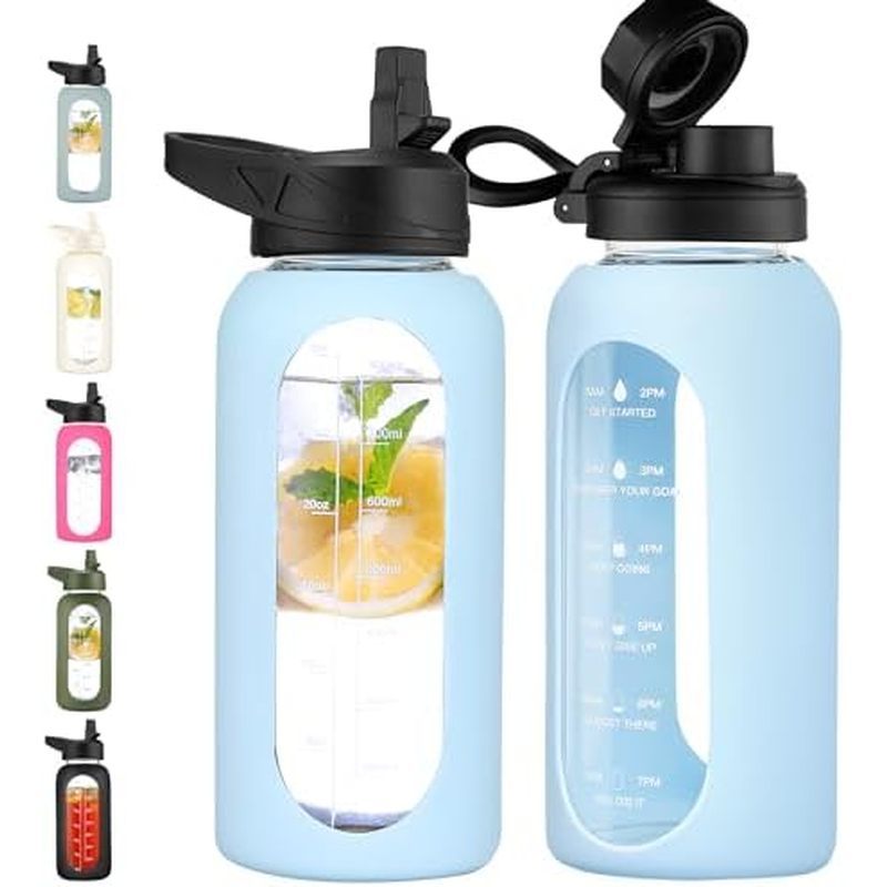 CIVAGO 32 oz Glass Water Bottle with Straw and Handle, Large Sports Motivational Water Bottle Flask 