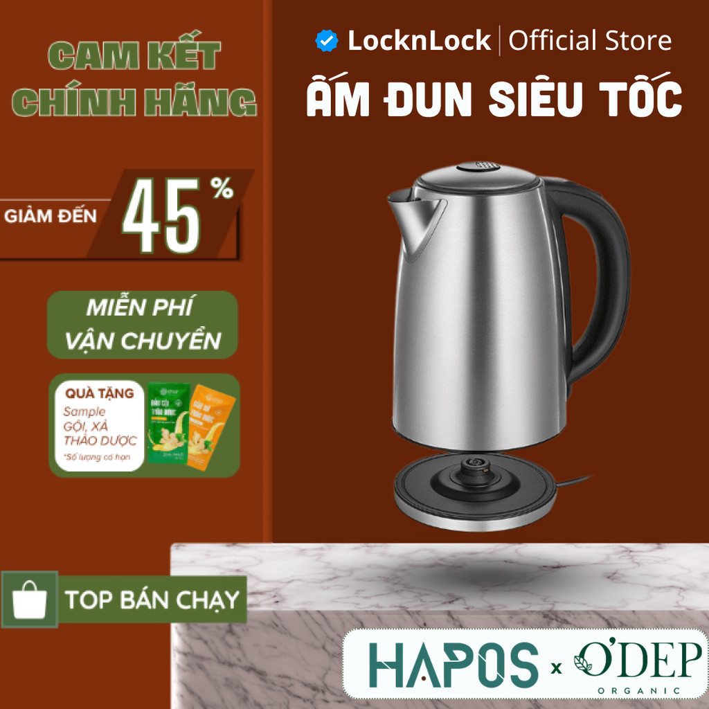 Ấm đun siêu tốc LocknLock 1.7L 2200W tùy chọn nhiệt độ sôi, giữ ấm pha sữa EJK136SLV - Chính Hãng HA