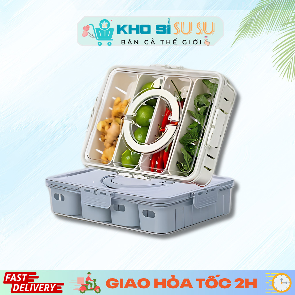 Hộp thực phẩm trong 4 ngăn HOKORI nhựa VIỆT NHẬT cao cấp 6510 -1 - 2 lớp tách nước, để tủ lạnh