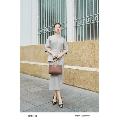 Đầm xước nâu vân đen vạt eo thiết kế Elise FF2406173DIWOBR