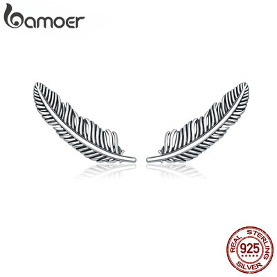 Bamoer Bông Tai Bạc 925 Hình Lông Vũ Phong Cách retro Cho Nữ sce865
