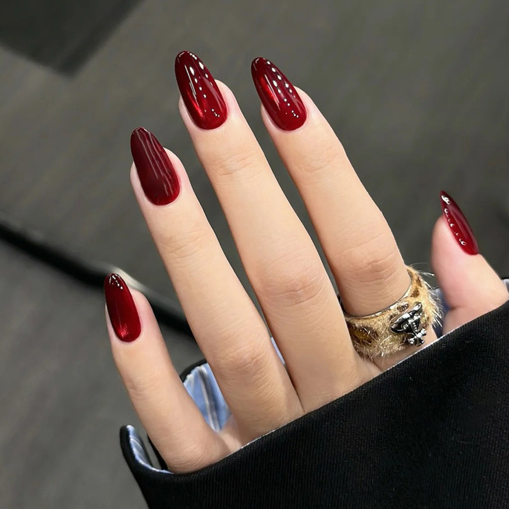 Burgundy Gem Cat Eye Press On Nails Vintage ❈ ✷ Ins Style Móng tay nhân tạo có thể tháo rời Thời tra