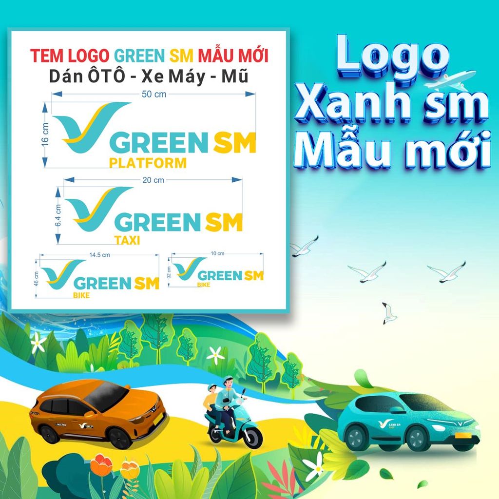 Tem Logo Green SM, Mẫu mới của Xanh SM, dán Ôtô, Xe máy, Mũ Bảo Hiểm